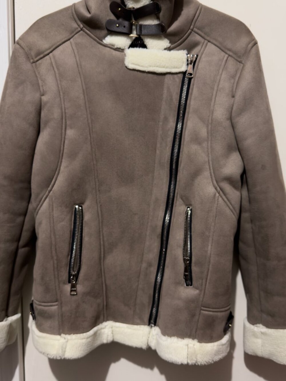 Vigoss Faux Suede Shearling Moto Aviator Jacket Taupe Medium Cozy - Picture 6 of 16
